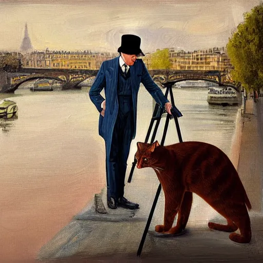 Prompt: ewan mcgregor is standing by the river seine on a bridge in the morning. he is wearing a gentleman ´ s outfit with a bowler hat. next to him at his feet is lying a brown cat. ewan mcgregor is painting a canvas that is put on an easel. morning light. early 2 0 th century paris. vivid colours, digital art