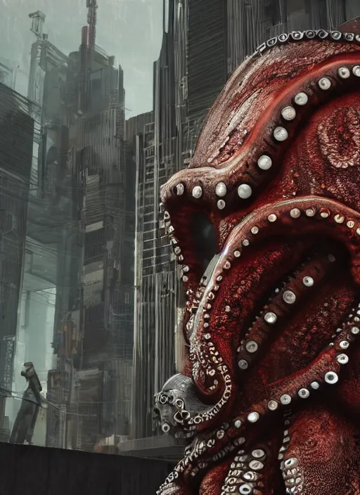 Image similar to hyperrealism, detailed textures, photorealistic 3 d cyberpunk octopus queen in apocalyptic city, futuristic clothing and helmet, ultra realistic, cinematic, intricate, low light, unreal engine 8 k