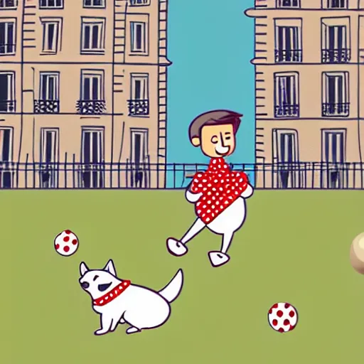 Image similar to illustration of boy playing football with a corgi wearing a polkadot scarf on the streets of paris