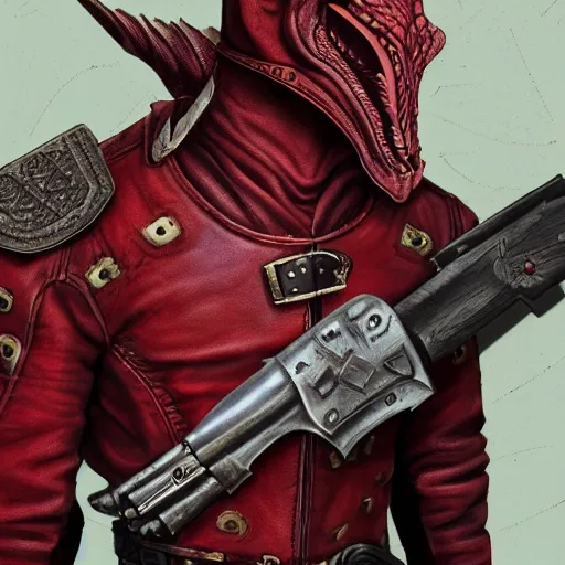 Prompt: A red dragonborn wearing a leather jacket and pointing an old pistol at the viewer. Face close-up. D&D. Portrait.