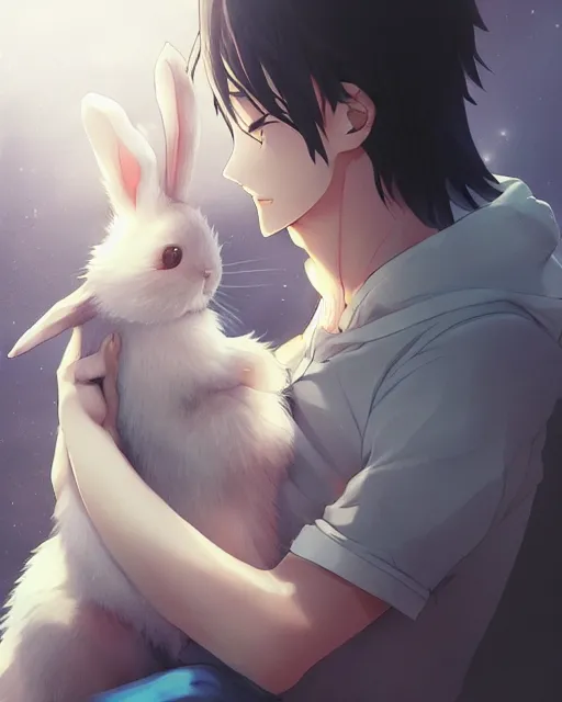 Image similar to a man hugging an anime bunny, medium shot, visible face, detailed face, perfectly shaded, atmospheric lighting, by makoto shinkai, stanley artgerm lau, wlop, rossdraws