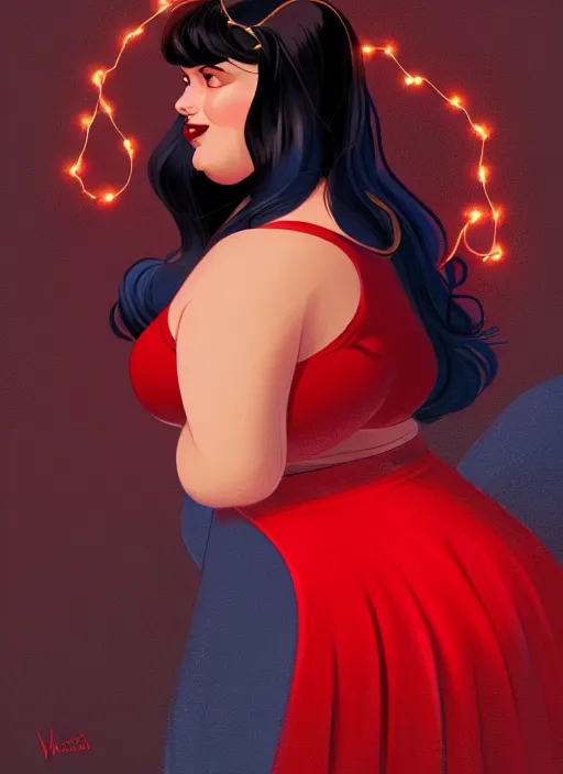 Image similar to full body portrait of teenage veronica lodge, obese, bangs, sultry, realistic, sultry smirk, wavy hair, red skirt, fat, belly, intricate, elegant, glowing lights, highly detailed, digital painting, artstation, concept art, smooth, sharp focus, illustration, art by wlop, mars ravelo and greg rutkowski