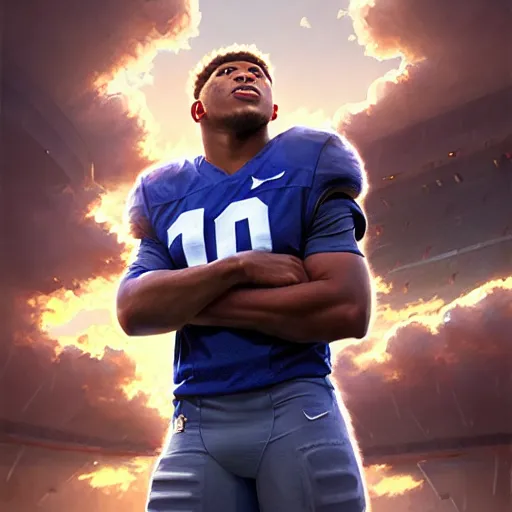 Prompt: highly detailed portrait of saquon barkley towering over a football stadium, unreal engine, fantasy art by greg rutkowski, loish, rhads, ferdinand knab, makoto shinkai and lois van baarle, ilya kuvshinov, rossdraws, tom bagshaw, global illumination, radiant light, detailed and intricate environment h 6 0 4