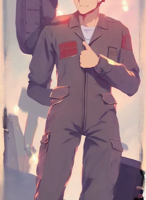 Image similar to a handsome young man! model, wearing ma - 1 flight suit jacket and overalls, trending on pixiv fanbox, painted by greg rutkowski makoto shinkai takashi takeuchi studio ghibli, akihiko yoshida