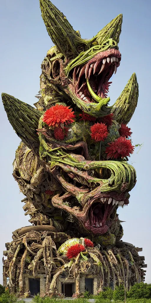 Image similar to colossal grotesque prehistoric alien predator flower made from best unfulfilled mankind projects in the middle of abandoned post soviet constructivist cityscape, Stalinist architecture, ultradetailed, Intricate by Hayao Miyazaki and Josan Gonzalez and Makoto Shinkai and Giuseppe Arcimboldo and Wes Anderson