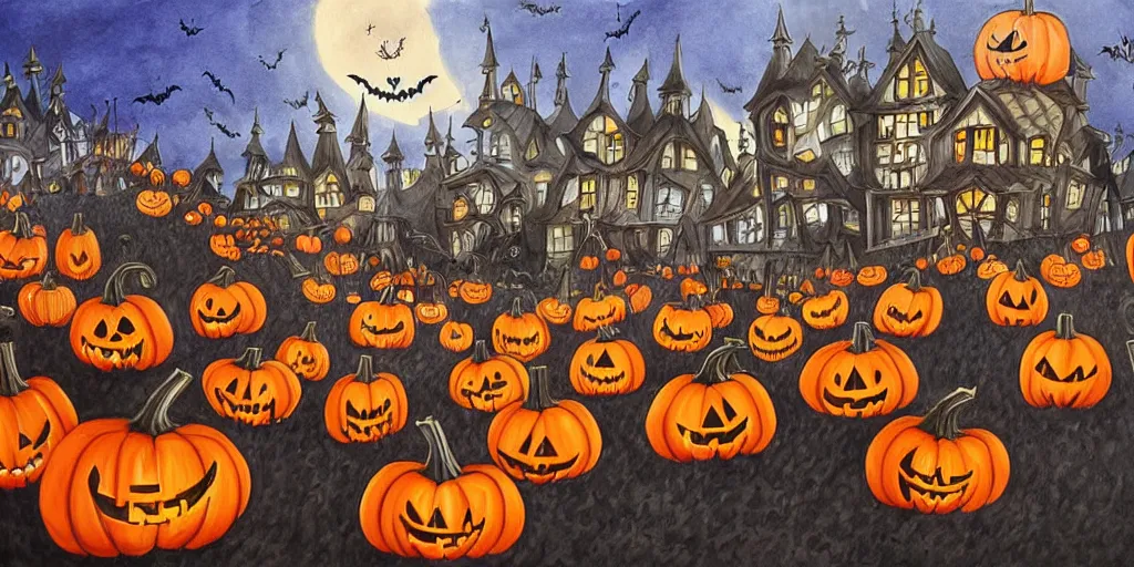 Image similar to a beautiful painting of a halloween town, pumpkin king town jack skellington, by the nightmare before christmas