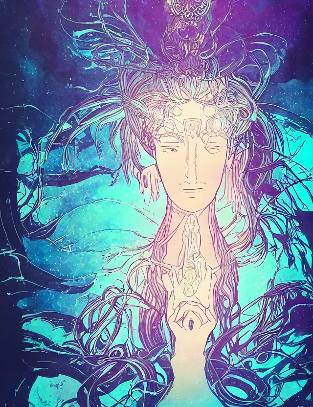 Prompt: spirit guide from atlantis gazing into a magical apparatus. serigraphy by award - winning mangaka, backlighting, intricate details, muted pastel palette, depth of field. 1 2 3 4