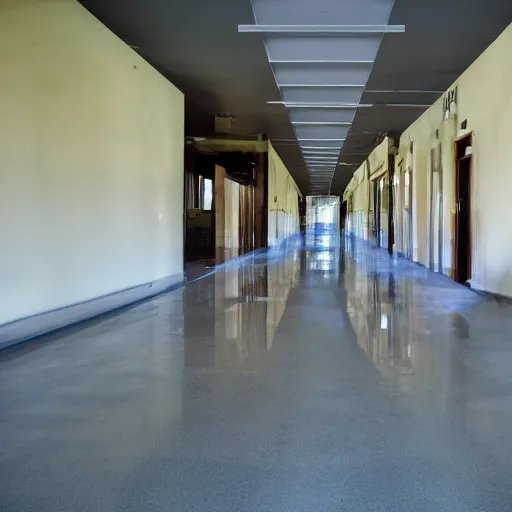 Prompt: Beautiful soft liminal Photograph of an infinite infinite unused office hallway from the 90s, water on the floor