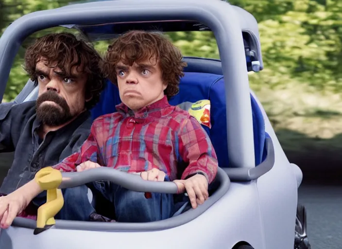 Prompt: peter dinklage and buert reynolds driving a little tikes cozy coupe, movie still, from the new smokey and the bandit movie, 8 k, realistic