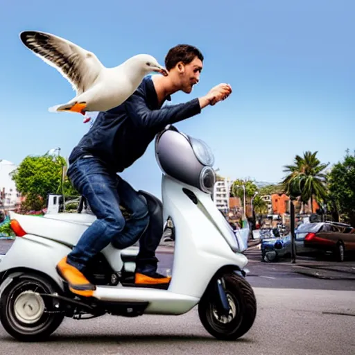 Image similar to A seagull sitting on top of a man, who is riding an electric scooter