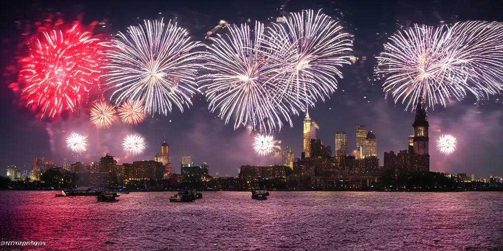 Image similar to amazing fireworks, view from ellis island, 4 th of july. sony a 7, f / 2. photography. photorrealism. high quality. high fidelity.