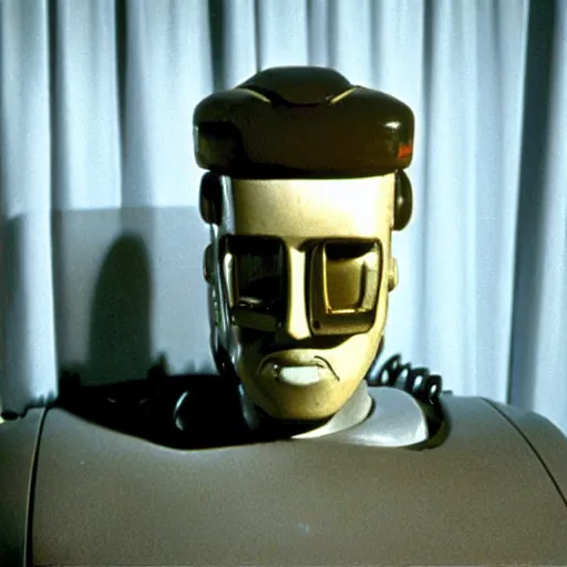 Image similar to The man with robot head, man head, robot head, movie by David Lynch