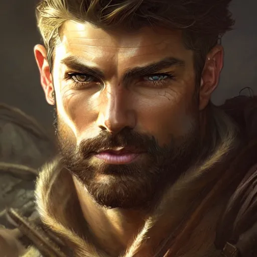 Image similar to Portrait of rugged male ranger, D&D, muscular, fantasy, intricate, elegant, highly detailed, digital painting, artstation, concept art, smooth, sharp focus, illustration, art by artgerm and greg rutkowski and alphonse mucha