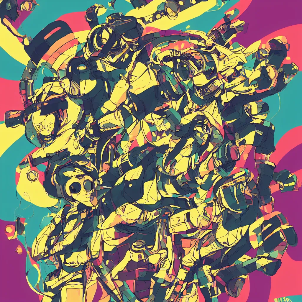 Image similar to in love ryuta ueda artwork, jet set radio artwork, stripes, gloom, space, cel - shaded art style, broken rainbow, data, minimal, speakers, code, cybernetic, dark, eerie, cyber