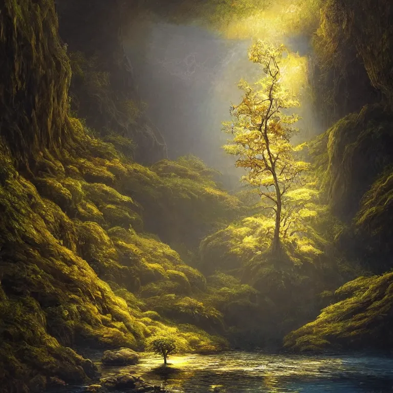 Image similar to A beautiful, highly detailed, very realistic oil painting of a single tree with rainbow leaves, next to a small river, glowing bright blue in the middle of a huge, very dark cave, with lots of dark grey rocks, oil painting by Greg Rutkowski, golden color scheme.