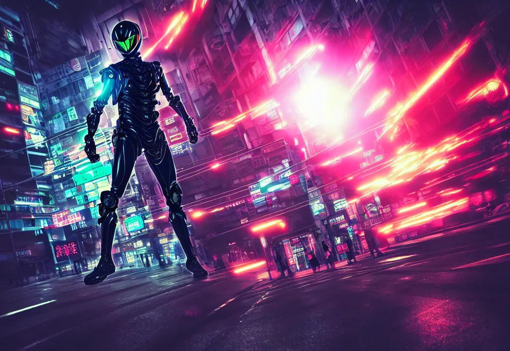 Prompt: kamen rider action pose, human structure concept art, human anatomy, full body hero, intricate detail, hyperrealistic art and illustration by lim haksu, a. k. a limha lekan a. k. a maxx soul, global illumination, blurry and sharp focus, on tokyo cyberpunk night rooftop, frostbite engine