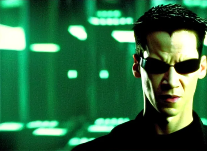 Prompt: Movie still of Neo in The Matrix movie doing a thumb up to the camera in front on burning servers.