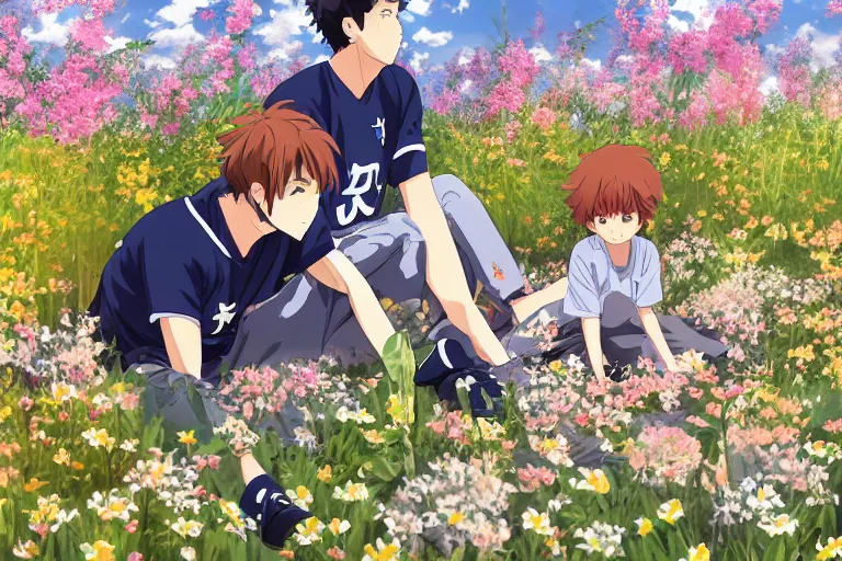 Image similar to beautiful anime harry kane and son heung-min sitting in a field full of flowers, highly detailed, studio ghibli, realistic, dynamic lighting, cinematic, masterpiece, trending on artstation,