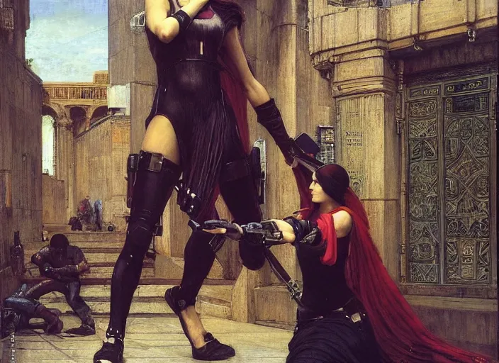 Prompt: Maria evades guards. Cyberpunk hacker escaping Menacing Cyberpunk corporate security. (dystopian, police state, Cyberpunk 2077, bladerunner 2049). Iranian orientalist portrait by john william waterhouse and Edwin Longsden Long and Theodore Ralli and Nasreddine Dinet, oil on canvas. Cinematic, vivid colors, hyper realism, realistic proportions, dramatic lighting, high detail 4k