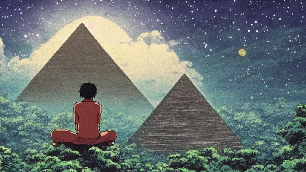 Prompt: a movie still from a studio ghibli film showing a huge demon meditating. a pyramid is under construction in the background, in the rainforest on a misty and starry night. a ufo is in the sky. by studio ghibli