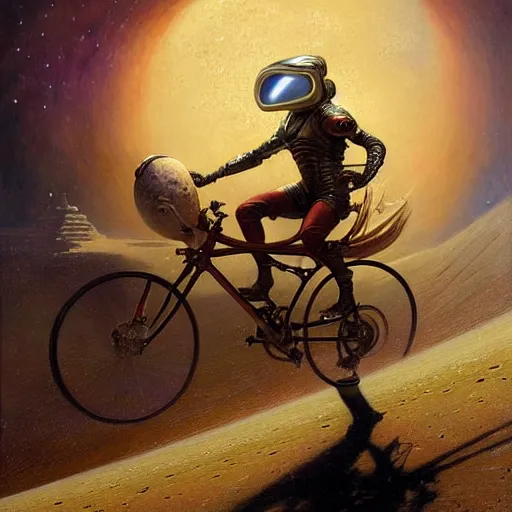 Image similar to a squid riding bicycle on the moon. highly detailed painting by gaston bussiere, greg rutkowski, j c leyendecker 8 k