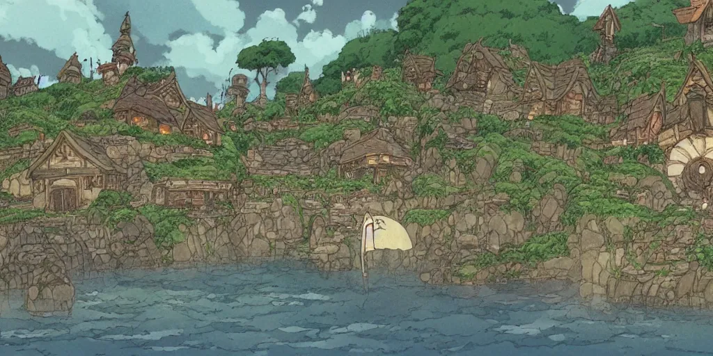 Prompt: a still of a background from spirited away of hobbiton, studio ghibli