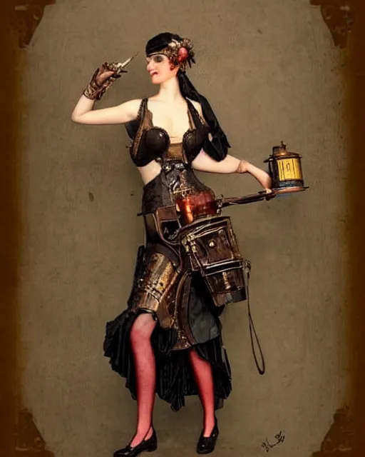 Image similar to rook bartley as a steampunk courtesan, antique tin toy, 1 9 2 0 s, sepia tone, black oil bath, exposed midriff. by j. c. leyendecker and edmund blair leighton and charlie bowater, beautiful face, octane, very aesthetic!!!!!!!!!!!!!!!