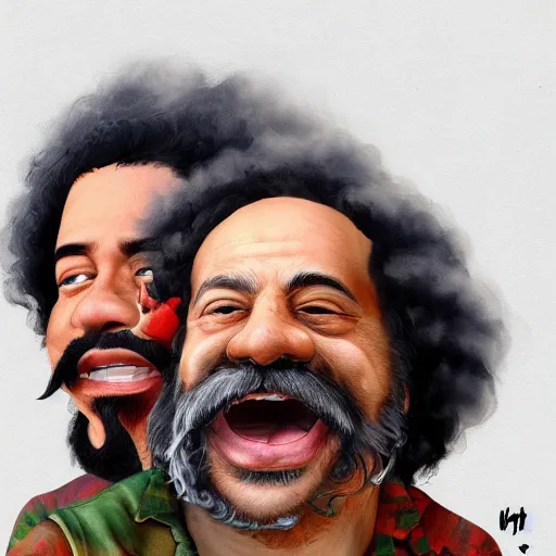 Image similar to portrait of cheech and chong, concept art, artstation, highly detailed, smoke background,