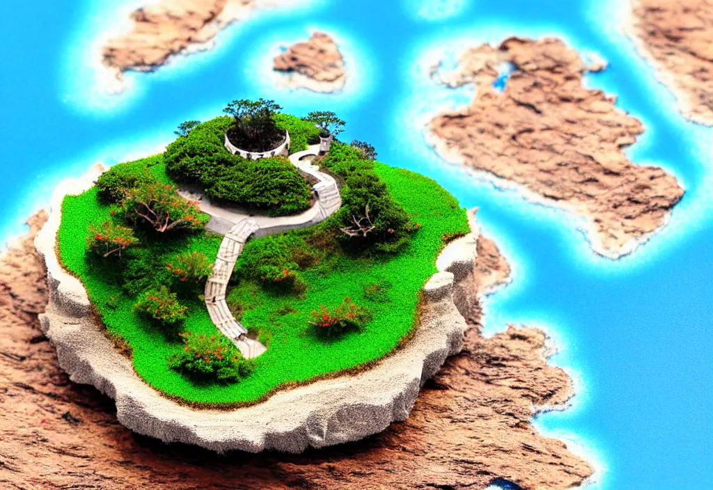 Prompt: orama miniature island on ocean, microscopic view, with godray,