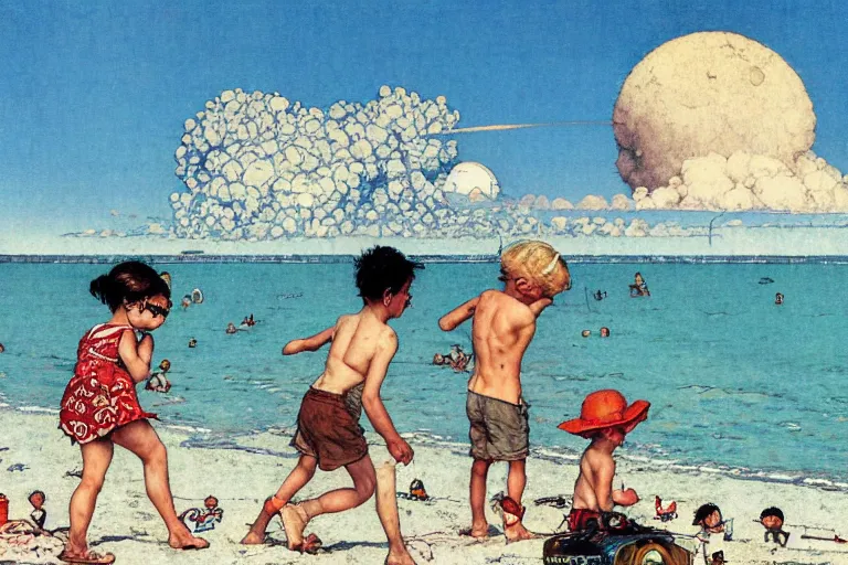 Image similar to kids playing at the beach, huge atomlc explosion in the background, wide angle shot, by norman rockwell, by mattias adolfsson,, oil on canvas by moebius and satoshi kon, hd, 4 k, high quality,