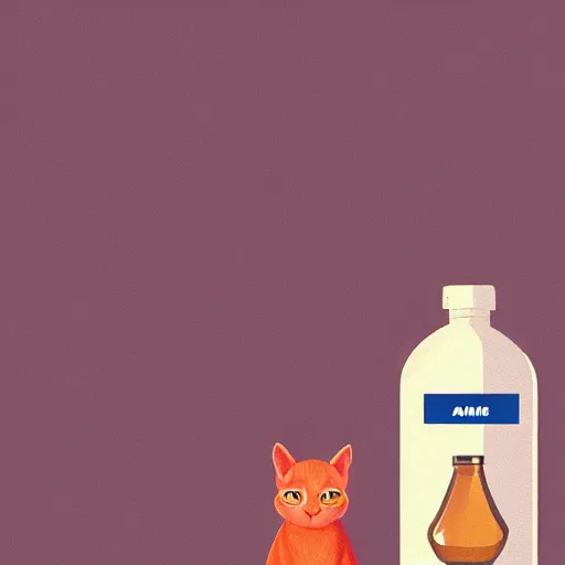 Prompt: a cat standing next to a bottle of medicine. orange cat. animal. digital art. artstation,