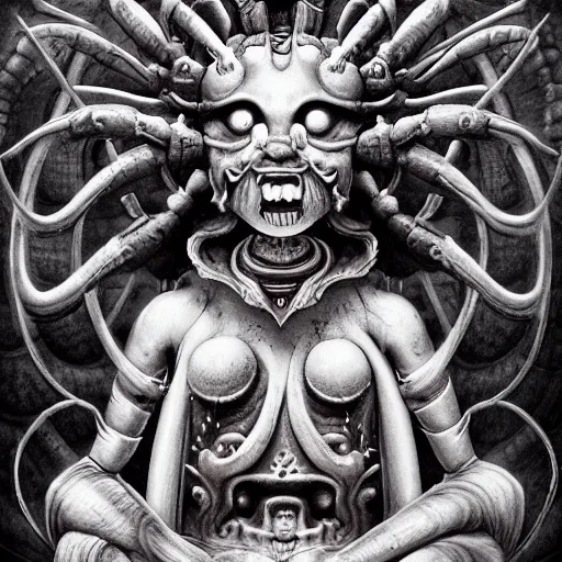 Prompt: naraka buddhist demon korean female, angry female alien, epic samurai warrrior, tubular creature, blood vessels, no face, dystopian surrealism, alex ries zdzisław beksinski, symmetrical long head, smooth marble surfaces, smooth marble surfaces, detailed ink illustration, detailed ink illustration, raiden metal gear, cinematic smooth stone, deep aesthetic