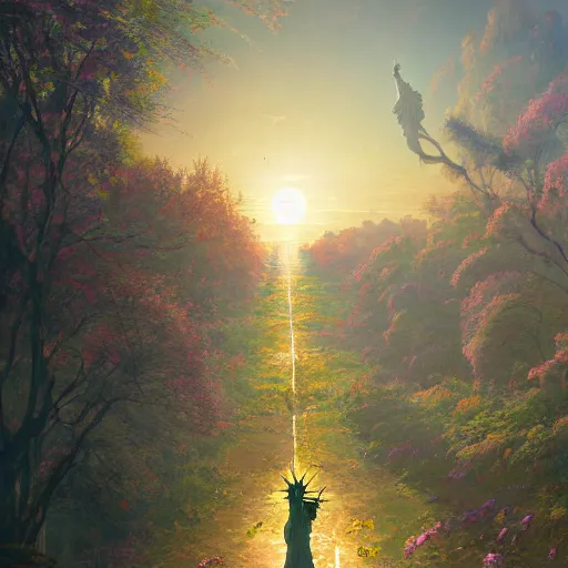 Image similar to a fantasy solarpunk statue of liberty, landscape illustration by greg rutkowski, bright sunlight, sun glints, vivid and colorful trees and plants and flowers, digital art, 8 k, trending on artstation