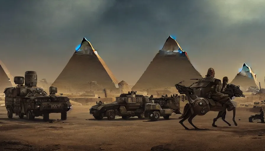 Prompt: a militarized police vehicle with mounted weapons riding through an orwellian egyptian town, futuristic pyramids in the background, troops searching the area, furious action scene, an epic fantasy, dramatic lighting, cinematic, establishing shot, extremely high detail, photorealistic, cinematic lighting, artstation, octane render, by simon stalenhag, horizon forbidden west