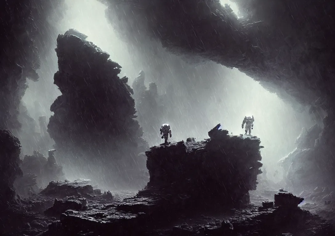 Image similar to astronaut exploring a strange surface of another planet while it's raining, mist and wind, there are ruins of ancient civilization, ultra high definition, ultra detailed, symmetry, sci - fi, dark fantasy, in style of heavy metal comic, dark and horror style, metal by greg rutkowski and ross tran