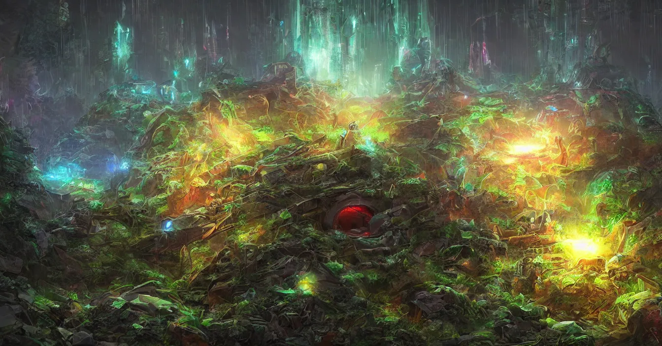 Image similar to futuristic archaeologists are excavating buried alien nest hidden in deep dark rainy forest, deep sense of horror atmosphere, visual fidelity and plasticity, colorful digital art, vivid colors, in style of fenghua zhong