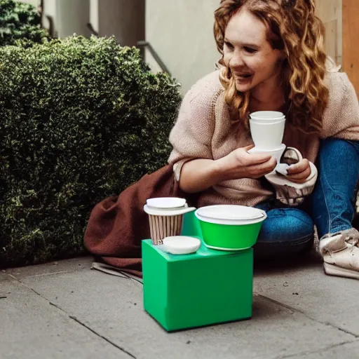 Image similar to snoofkin drinking coffee on green boxes in the street