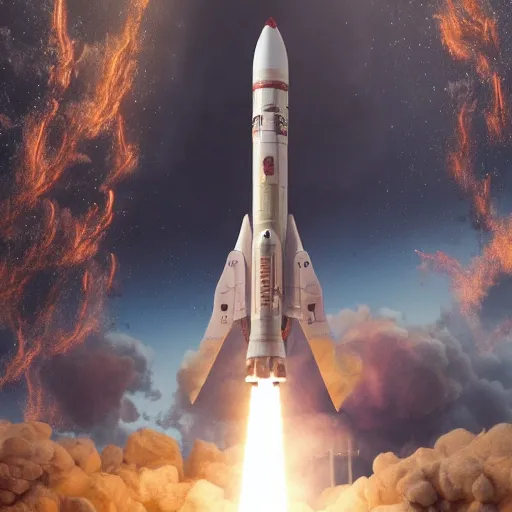 Image similar to a rocket blasting off into space, octane render, highly detailed, highly intricate, sense of scale and awe, highly detailed fire, smoke, ue 5, hyper - realistic, desert