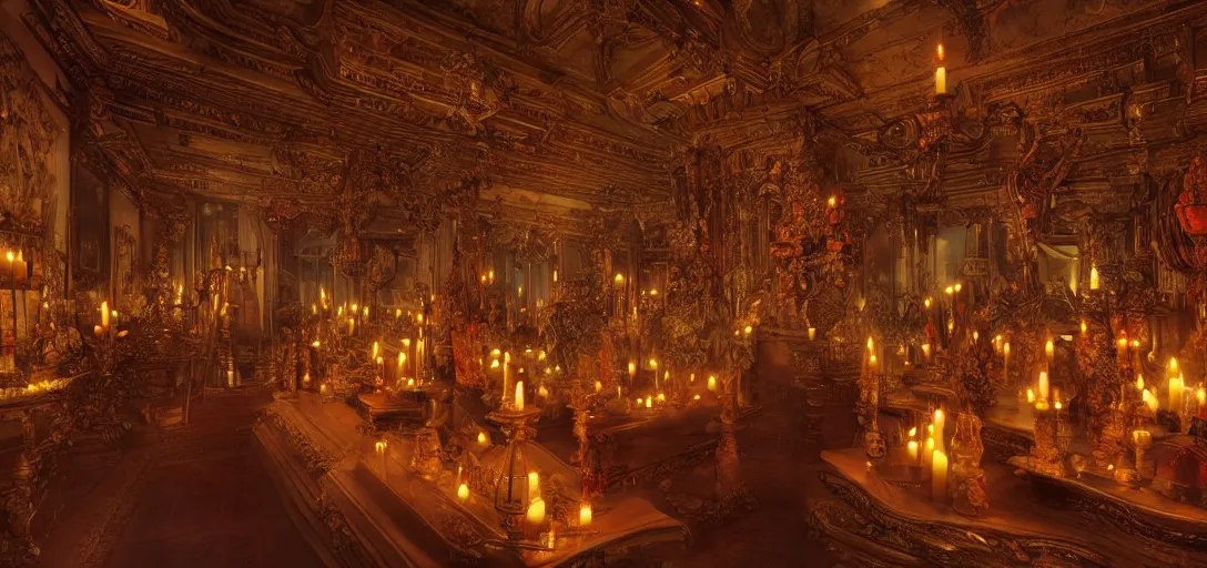 Image similar to a room is lit by dozens of flickering candles, and the air is thick with incense. highly detailed, digital photo, HDRI, by christopher bretz and kael ngu, vivid colors, high contrast, 8k resolution, intricate, photorealistic, smooth