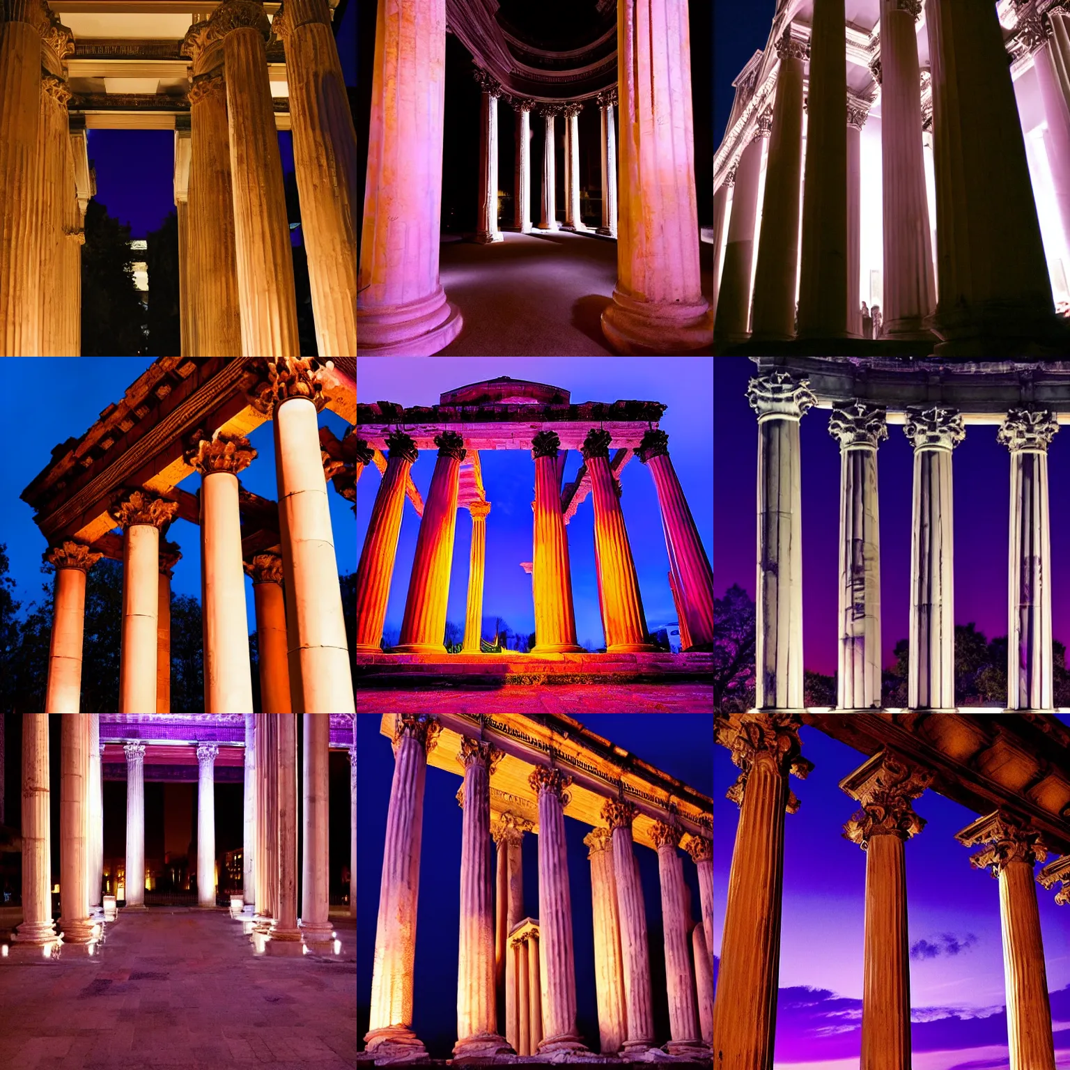 Prompt: breathtaking, roman columns, extremely moody purple lighting at night