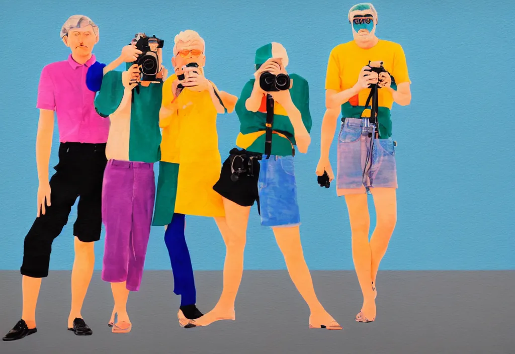 Image similar to full body portrait of a trio of european tourists with nikon cameras, various poses shooting photos, character designs painting, in the style of wes anderson, rene magritte, lola dupre, david hockney, isolated on white background, dark monochrome neon spraypaint accents volumetric octane render