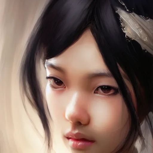 Prompt: Asian girl, watery black eyes, long wavy black hair, white veil, front closeup, highly detailed, centered, oil painting, artstation, anime painting by Cushart Krenz