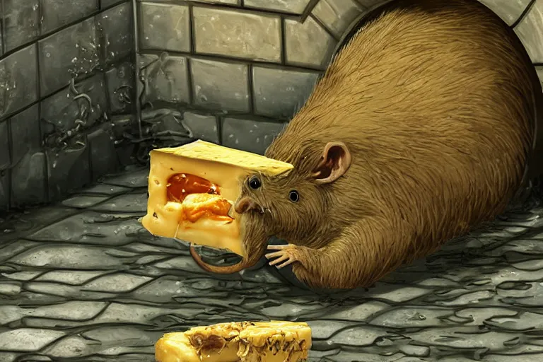 Image similar to a giant mutant disgusting rat eating cheese in a sewer, photograph, terror, horror, mutant, scary,