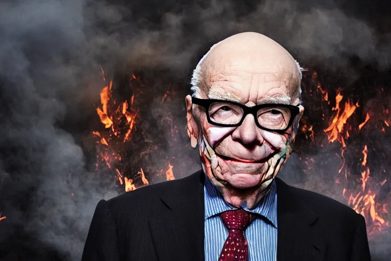 Prompt: Rupert Murdoch wearing glasses and makeup like The Joker, grinning evilly, standing in hell surrounded by fire and flames and demons and smoke and brimstone, volumetric fog, portrait photography, depth of field, bokeh