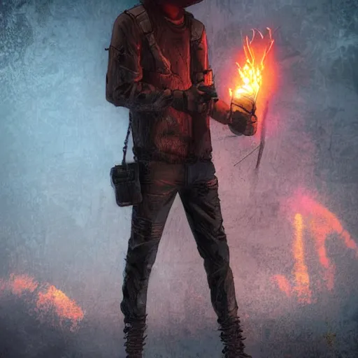 Prompt: digital art modern urban fantasy post apocalyptic - full-body standing character concept of a pyrokinetic survivalist standing in the middle of a psychic storm