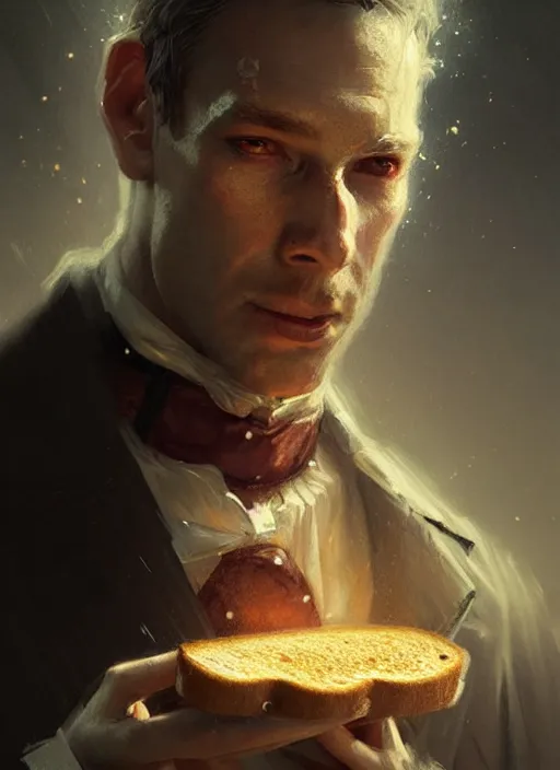 Image similar to portrait of powdered toast man, victorian, concept art, detailed face, fantasy, close up face, highly detailed, cinematic lighting, digital art painting by greg rutkowski