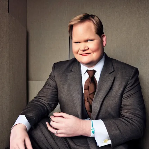 Image similar to Andy Richter is wearing a chocolate brown suit and necktie and is in a bedroom with a window letting in bright morning sunlight. Andy is sitting upright in a bed and is stretching his arm. His mouth his wide open as he yawns.