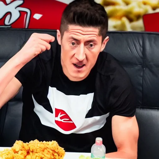 Image similar to a still frame of robert lewandowski during a huge kfc chicken food mukbang