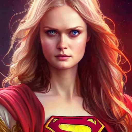 Image similar to Sara Paxton as Super Girl, western, D&D, fantasy, intricate, elegant, highly detailed, digital painting, artstation, concept art, matte, sharp focus, illustration, art by Artgerm and Greg Rutkowski and Alphonse Mucha