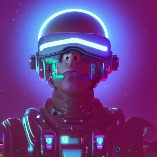 Image similar to cyberpunk concept bot, cinema 4 d, galaxy, ufo, space sci - fi, wearing vr goggles, illustration, portrait, pastel neon textured background night, trending on artstation, greg rutkowski, octane rendered, 1 2 k, detailed,